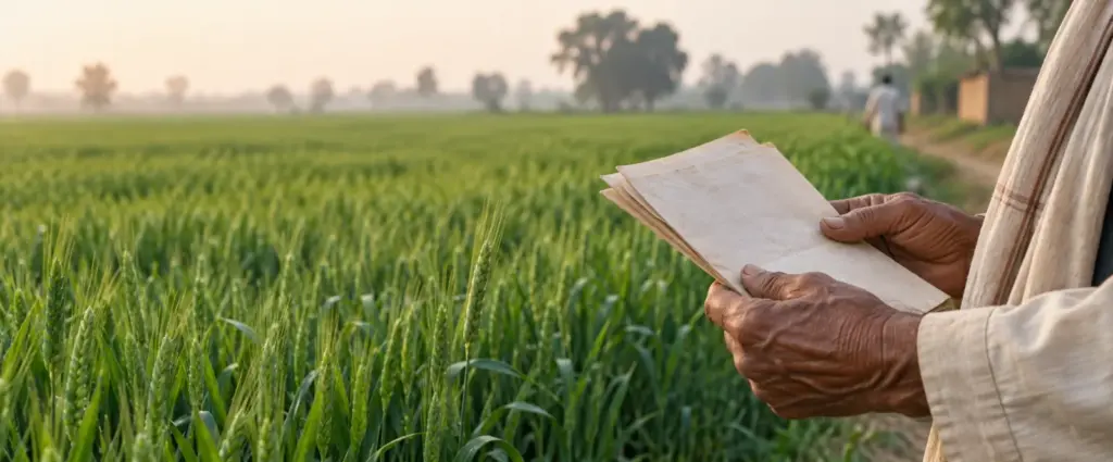 Buying Agricultural Land on the Yamuna Belt: close-up of hands holding folded land-record papers at the edge of a green