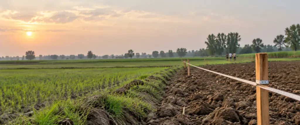 Bigha, Acre, Gaj and Square Metre: a surveyor's measuring tape and wooden pegs stretched across the edge of a ploughed field