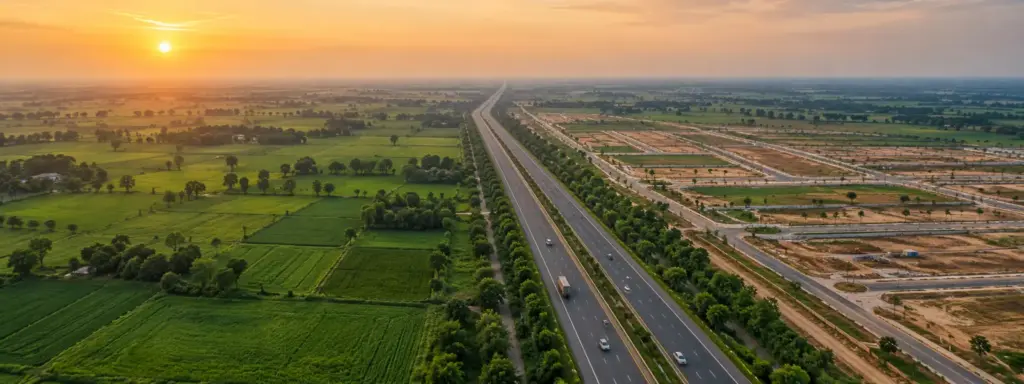 What Is YEIDA? The Authority Behind the Yamuna Expressway: aerial view at golden hour of a wide six-lane expressway running