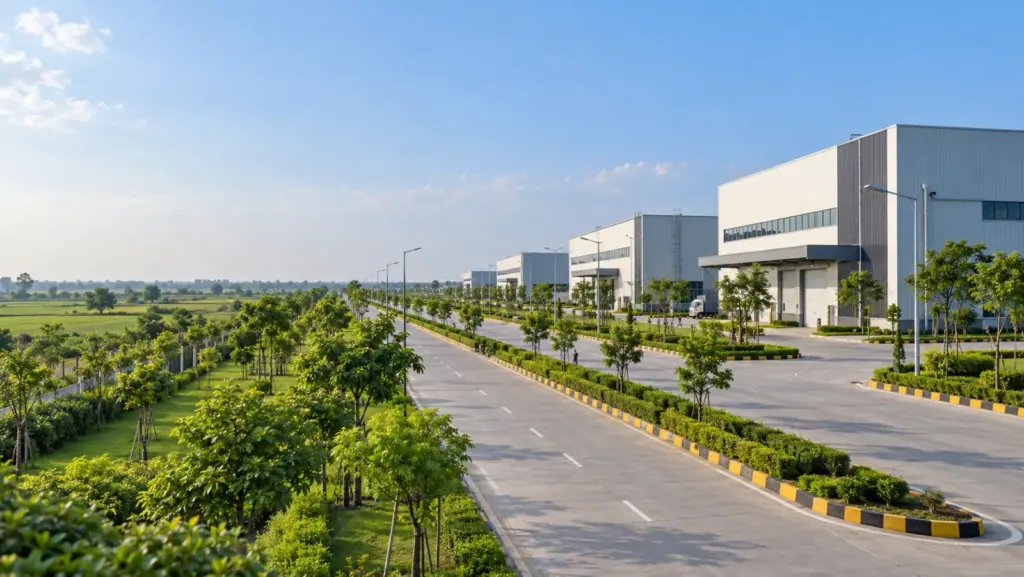 Film City, Toy Park and Medical Device Park: view of a modern industrial park with clean new factory buildings and wide