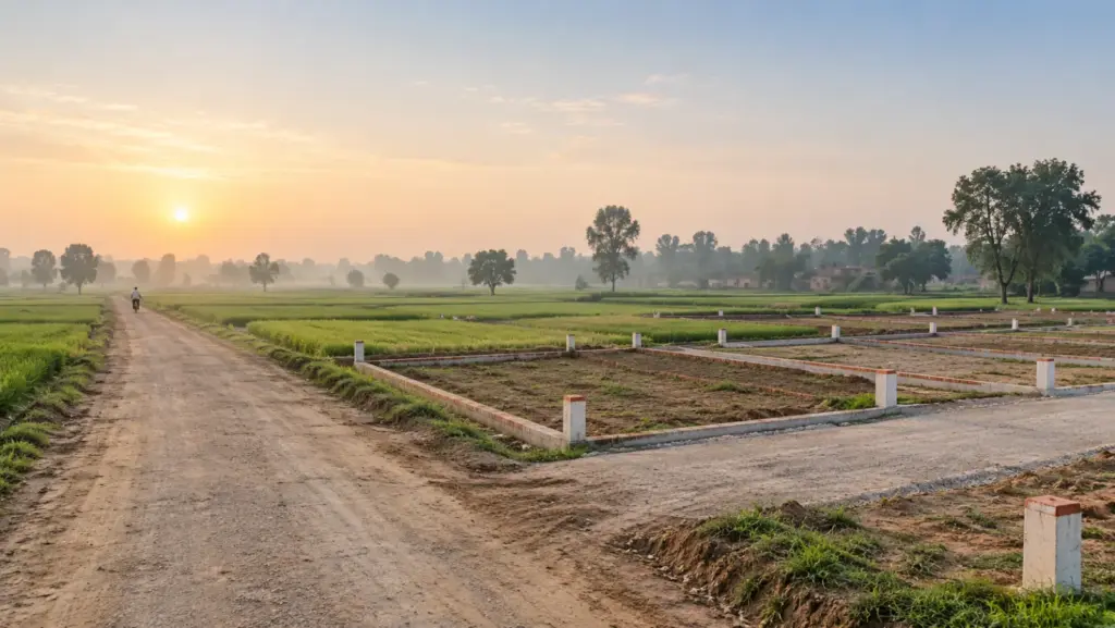 Kisan Kota: What 7% Abadi Plots on the Yamuna Expressway Actually Are 1 Kisan Kota: newly laid out residential plots with low boundary markers and fresh roads at the edge of a village
