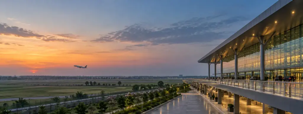 Noida International Airport Is Open: a modern airport terminal building with a large glass facade at dusk