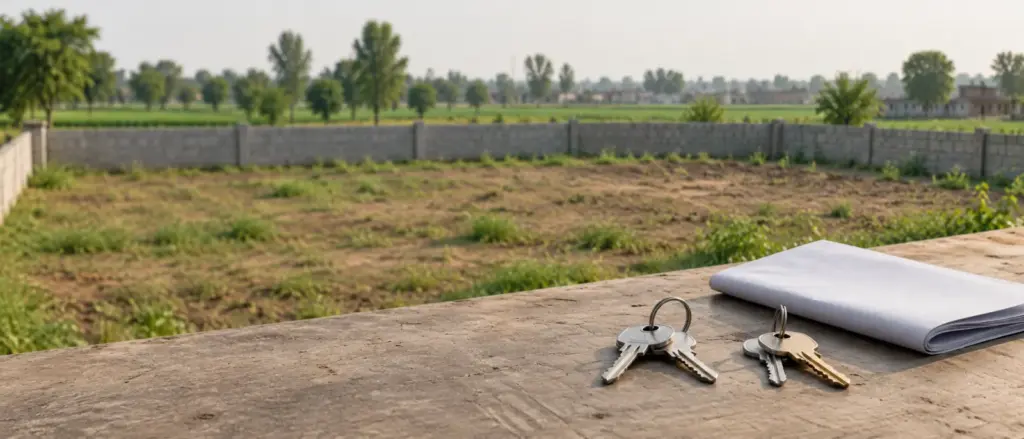 YEIDA Resale vs a New Scheme: two sets of keys and a folded document on a table in front of an empty residential plot with a