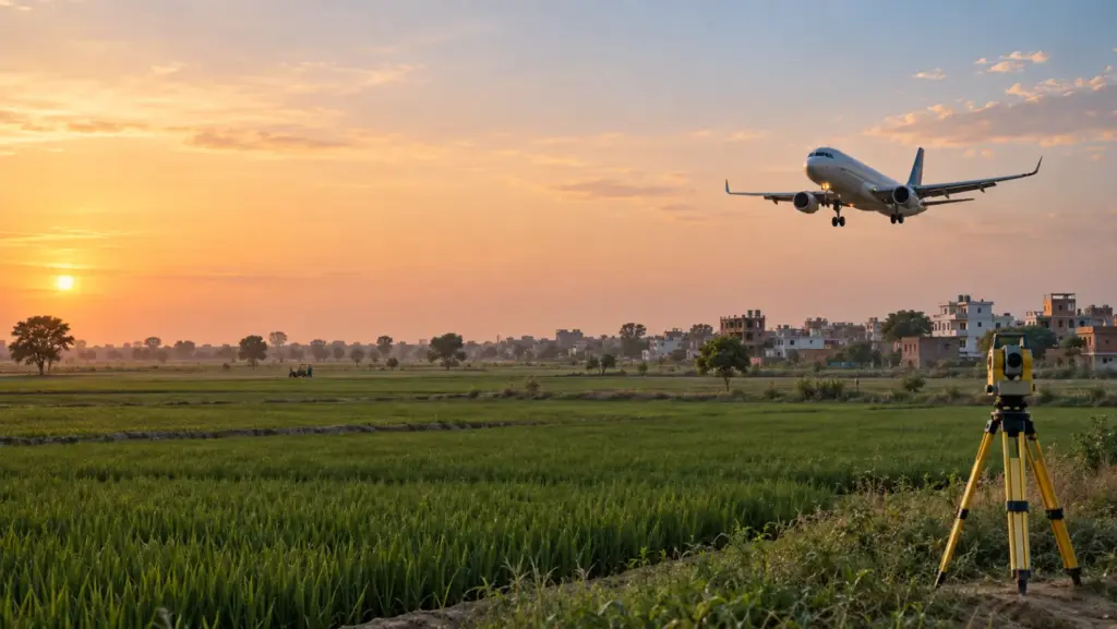 Building Near Noida International Airport: a passenger jet on final approach low over flat farmland and a cluster of