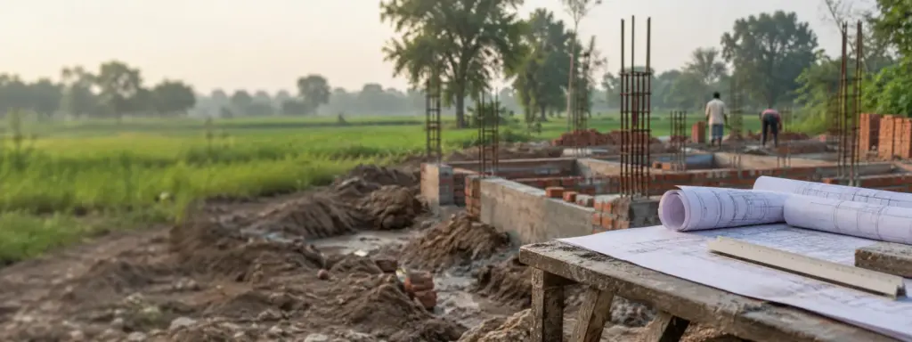 After a YEIDA Plot Allotment: an architect's rolled building drawings and a scale ruler on a table at a construction site