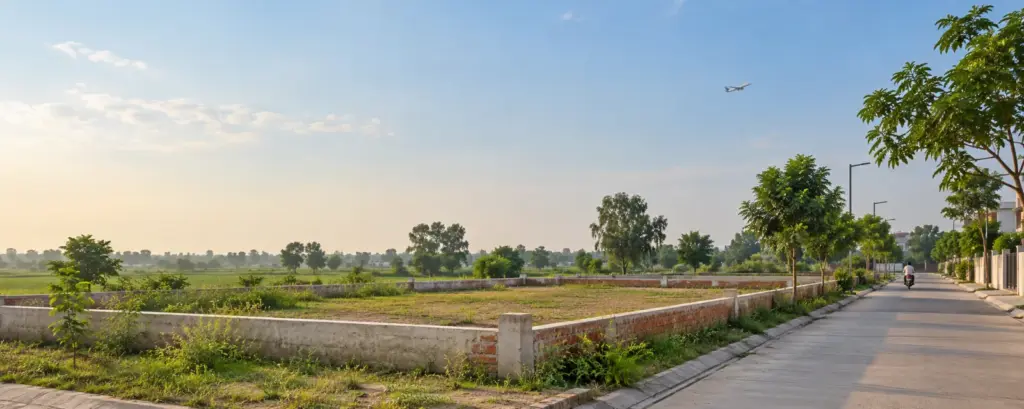 Buying a Residential Plot Near Jewar Airport: Authority Plots, Resale and Illegal Colonies 5 Buying a Residential Plot Near Jewar Airport: an empty residential plot with a low boundary wall on a quiet planned street