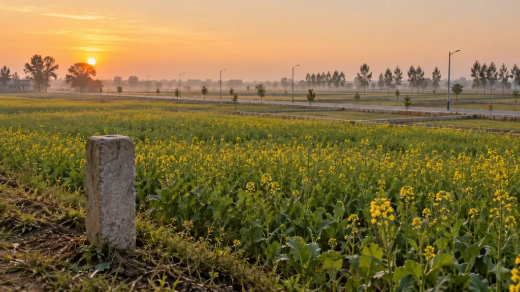 Open farmland on the Yamuna Expressway belt with a stone boundary marker at sunrise