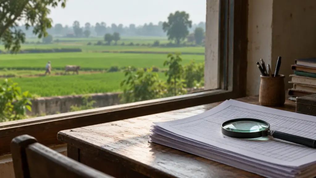 Circle Rates on the Yamuna Expressway Belt: a stack of printed rate lists and a magnifying glass on a desk