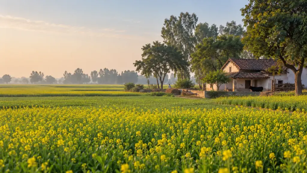 Farmland Near Jewar Airport: a simple farmhouse with a tiled roof set among mustard fields in bloom