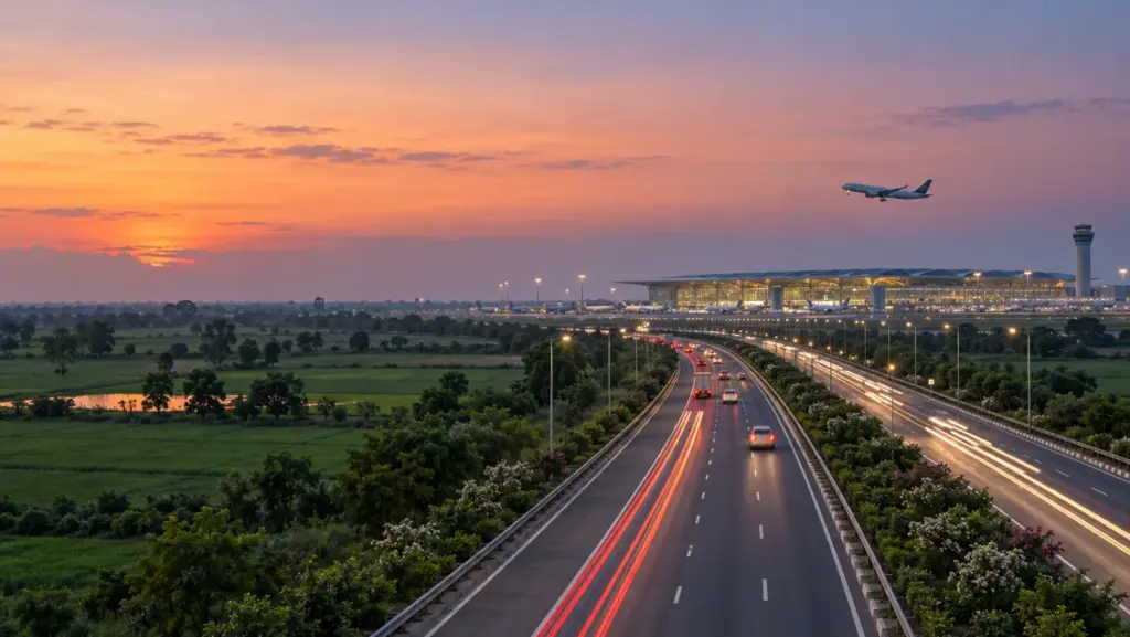 How to Reach Noida International Airport (Jewar): a smooth expressway leading towards a modern airport terminal at dusk
