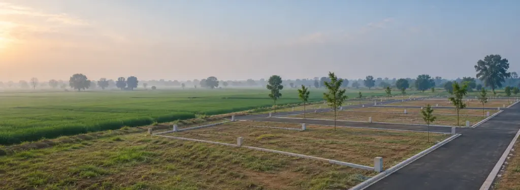 Kisan kota plots: newly demarcated 6% and 7% abadi plots beside farmland, Greater Noida and Yamuna Expressway