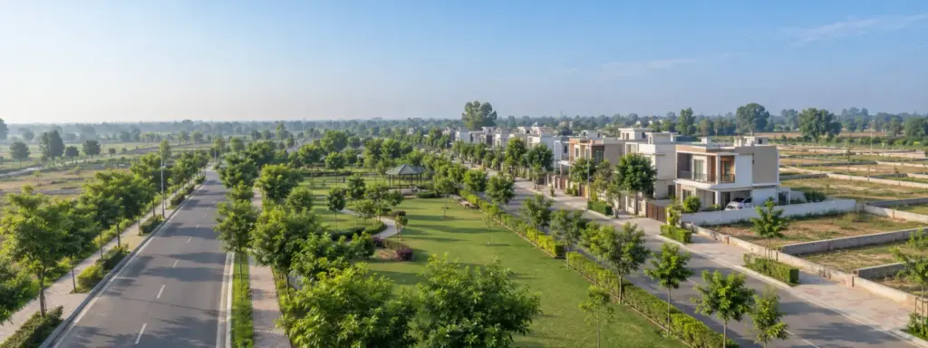 Noida, Greater Noida and YEIDA plot schemes: a planned residential sector with houses, vacant plots and a central park