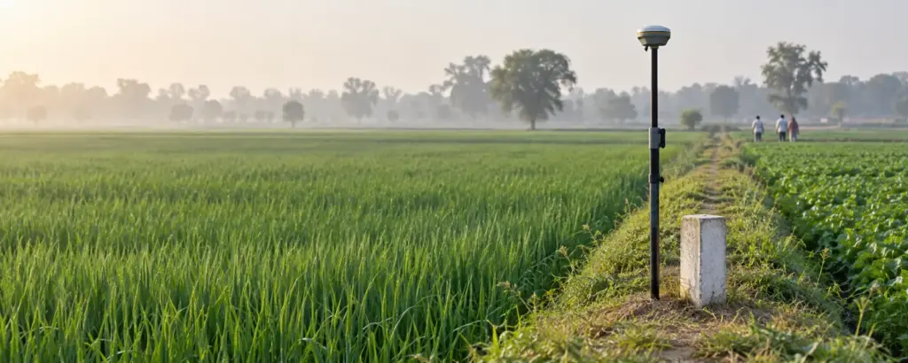Paimaish in UP: a modern GNSS survey rover pole with a receiver standing on the boundary ridge between two green fields