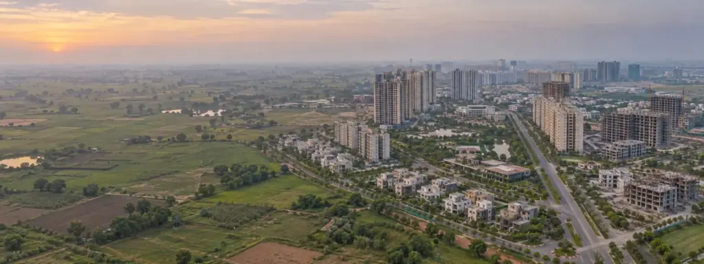 Private Townships in the YEIDA Area: aerial view of a large planned township with completed and half-built apartment towers