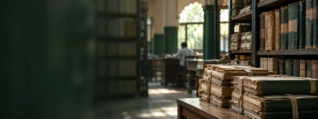 How to Check a Property’s Registry History in UP: rows of archival record books and files on shelves in a records room