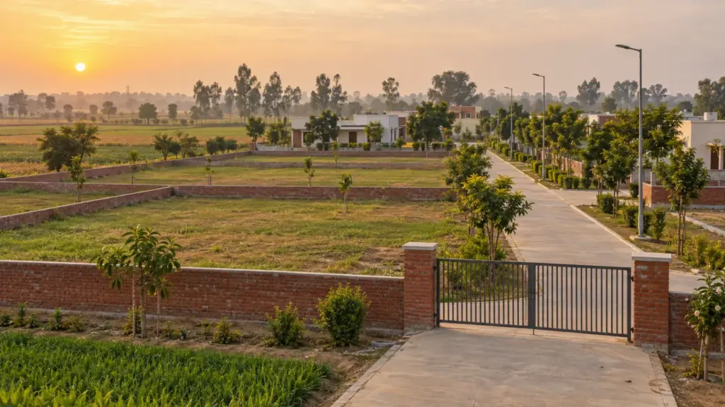 Residential plot with a low boundary wall and gate on a tree-lined road near the Yamuna Expressway at sunrise