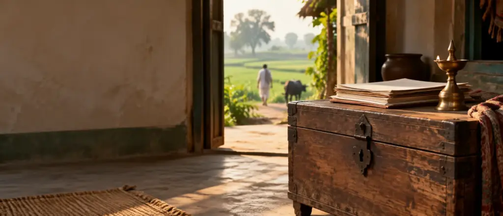 Varasat in UP: an old wooden family chest with folded documents and a brass lamp in a village home
