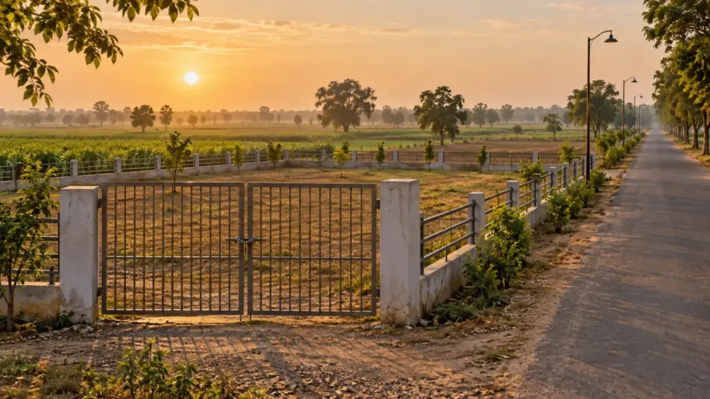 Empty fenced plot with a closed gate near the Yamuna Expressway at sunrise