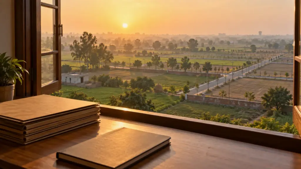Desk by a window with stacked file folders overlooking farmland near the Yamuna Expressway