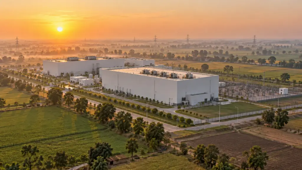YEIDA data centre park in Sector 28 on the Yamuna Expressway: industrial campus in farmland