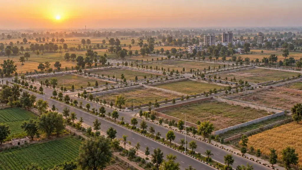 YEIDA Hotel, Group Housing, Corporate Office and School Plots in 2026: What Each Scheme Offers and How the E-Auctions Work 9 Planned city district with large empty plots and tree-lined roads near the Yamuna Expressway at sunrise