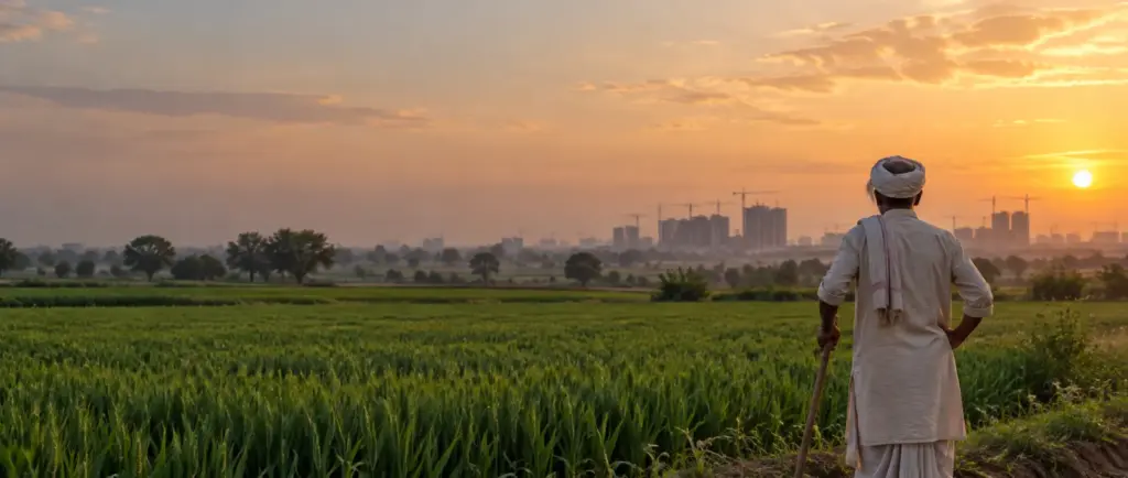 Land Acquisition and Compensation in the YEIDA Area: a farmer seen from behind standing at the edge of his field