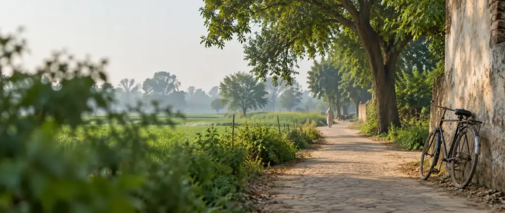 YEIDA अधिसूचित गांवों की सूची: a village lane lined with trees opening onto wide green fields
