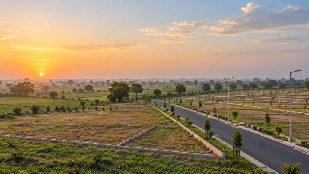 YEIDA Plot Schemes in 2026: rows of neatly marked plots on a freshly developed site with new roads and street lights