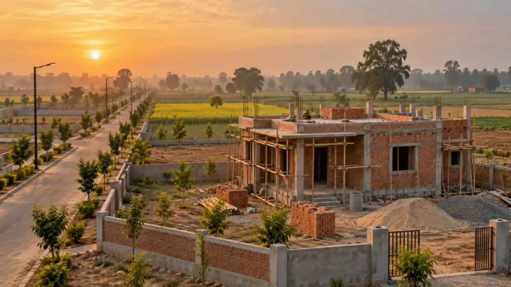 House under construction on a fenced residential plot near the Yamuna Expressway at sunrise
