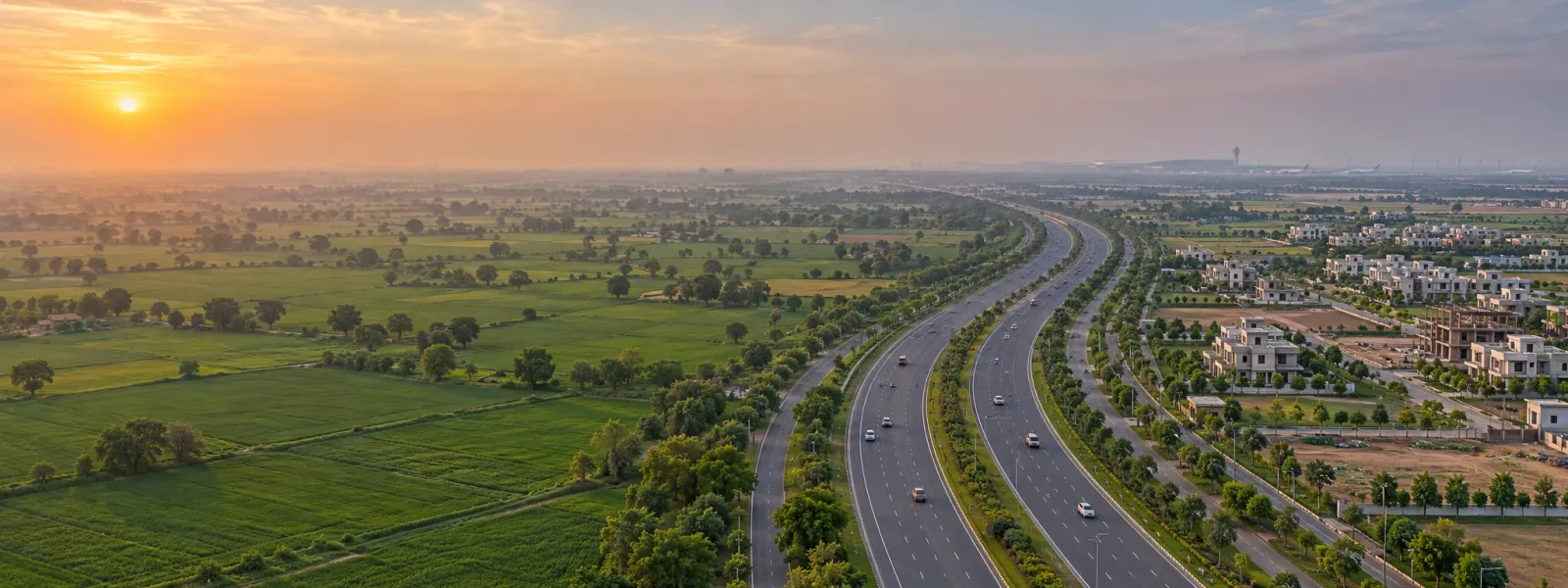 Yamuna Expressway through farmland with planned residential sectors near Noida International Airport