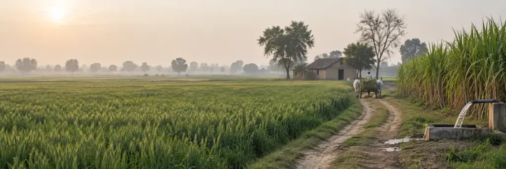 Buying Agricultural Land in Bulandshahr District on the Yamuna Expressway Belt: Khurja, Sikandrabad, YEIDA Villages and the Ganga Link Expressway 6 Agricultural land in Bulandshahr: wheat and sugarcane fields with a borewell and bullock cart, Khurja and Sikandrabad belt