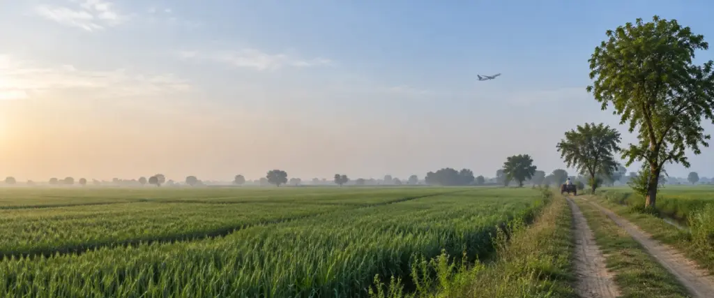 Buying Agricultural Land in Jewar and Gautam Buddh Nagar on the Yamuna Expressway: YEIDA Villages, Airport Land, Circle Rates and the 10 km Rules 7 Agricultural land in Jewar, Gautam Buddh Nagar: wheat fields near Noida International Airport with a plane overhead
