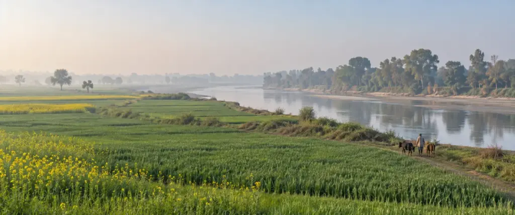 Buying Agricultural Land in Mathura District on the Yamuna Expressway: Tehsils, YEIDA Villages, Registry and the Rules 1 Buying Agricultural Land in Mathura District on the Yamuna Expressway: flat farmland near a slow river with low-lying khadar