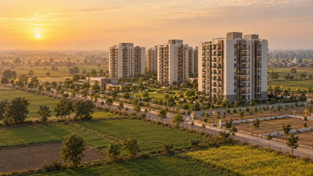 Buying a Flat in a YEIDA Group Housing Project: The Tripartite Sub-Lease, Carpet Area, Maintenance and Resale 3 Modern residential apartment towers with gardens beside farmland near the Yamuna Expressway at sunrise