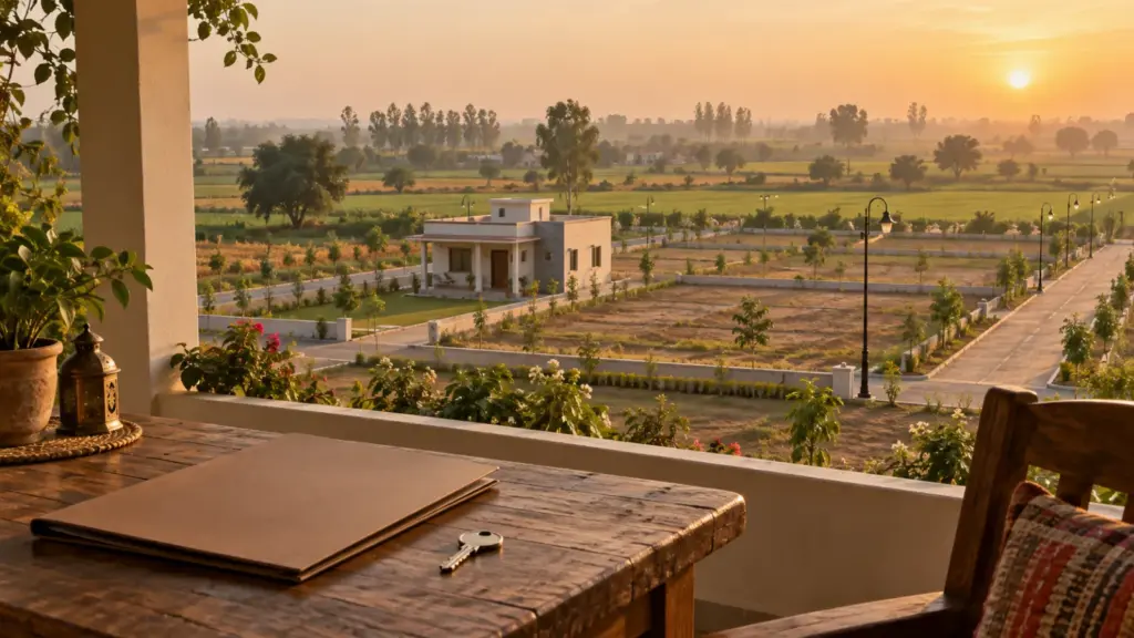 Documents and a house key on a veranda table overlooking plotted land near the Yamuna Expressway at sunrise