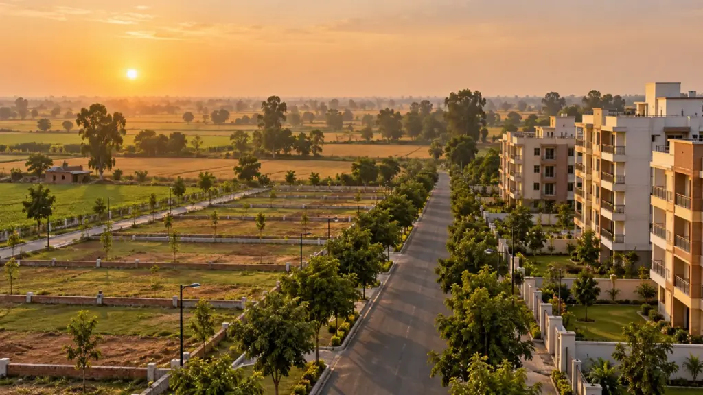 Plotted land meeting nearly finished apartment buildings near the Yamuna Expressway at sunrise