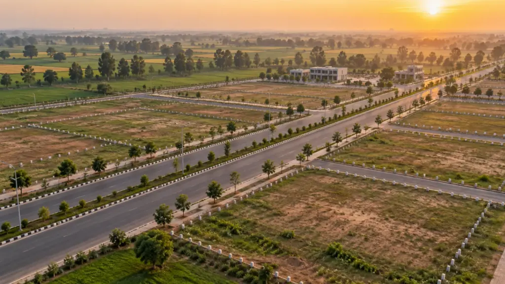 Large vacant commercial plots along a broad road in a new YEIDA development at sunrise