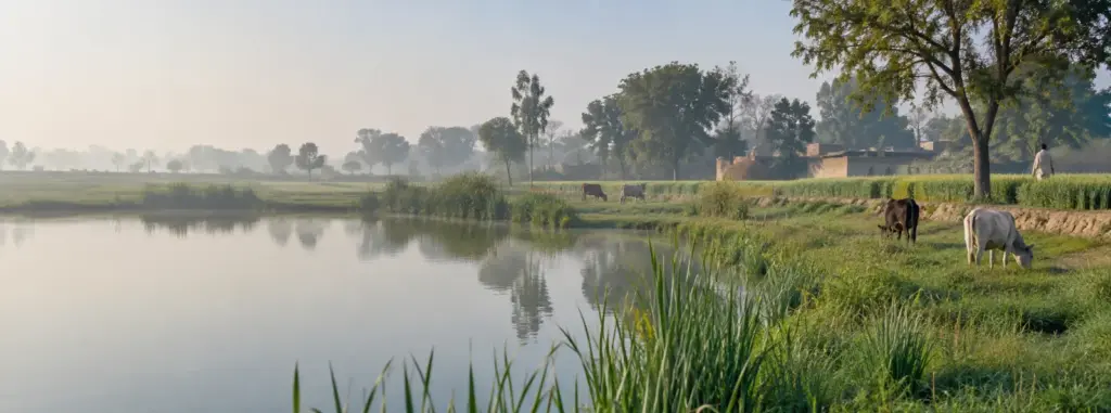 Land Categories (श्रेणी) in the UP Khatauni: What Each Code Means and Which Land You Can Buy 2 Land Categories (श्रेणी) in the UP Khatauni: a village pond with reeds and a grazing pasture beside it