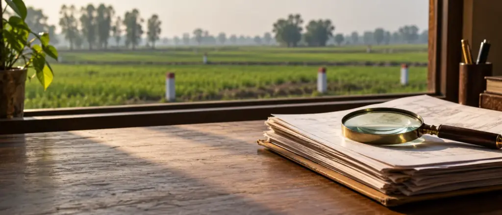 Land and Plot Fraud Around Jewar: a magnifying glass resting on a stack of land documents on a desk