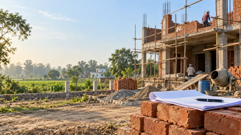 Loans for a YEIDA Plot and for Building on It: Plot Loans, Composite Loans, Scheme Financing and Tax in 2026 5 Loans for a YEIDA Plot and for Building on It: a house under construction with brick walls and scaffolding on a residential