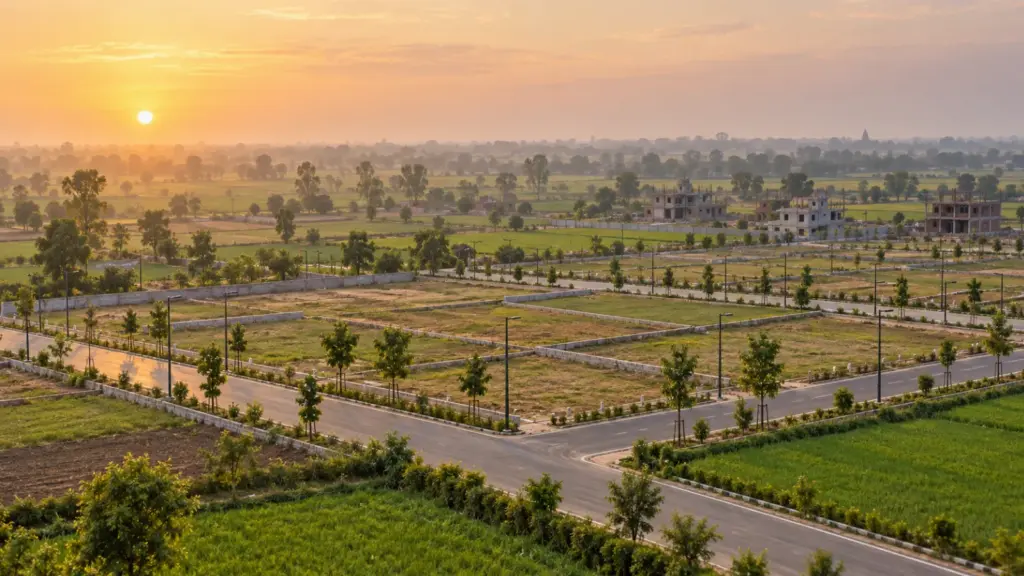 Plotted residential development with marked plots and roads near the Yamuna Expressway at sunrise