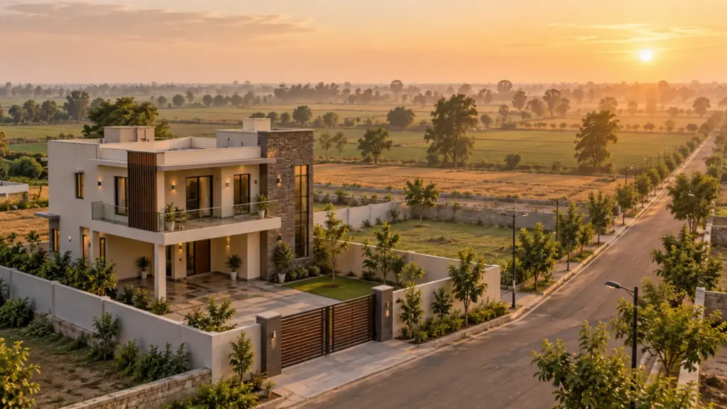 Newly built two-storey house with stilt parking and boundary wall on a YEIDA residential plot at sunrise