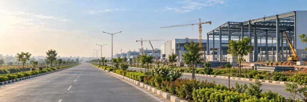 YEIDA Industrial Plots: How Allotment Works: E-Auction, Eligibility, Payment and the Obligations After You Win 6 YEIDA Industrial Plots: a row of modern industrial plots with new factory sheds under construction and a wide landscaped