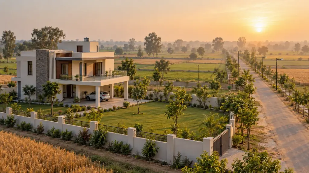 Newly built house with stilt parking, planted trees and boundary wall near the Yamuna Expressway at sunrise