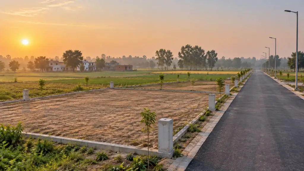 Empty levelled residential plot with concrete corner markers beside a new road near the Yamuna Expressway at sunrise